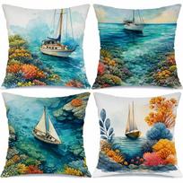 Sailing Boat Coral Reef Pattern Printing Pillow Cover Short Plush Suitable Living Rooms Bedrooms Sofas Throw Cushion Cover Peach skin 18*18(CM)-1Pcs
