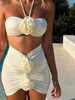 Three Pieces Flower Lace Up Elegant Bikini Set Women Kawaii Swimsuit Sexy Swimwear Push Up Bathing Suit Female Floral Design Beach Party Chic Suits S balta