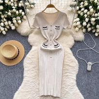 Harajuku Chic Fashion Sexy Package Hips Large Stretch Knitted Dress French New Elegant V-neck Buttons Office Lady Bodycon Dresses One Size smėlis