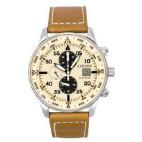 Citizen Eco-Drive Aviator Chronograph Odinis Dirželis Smėlio Spalvos Ciferblatas CA0880-15X 100M Vyriškas Laikrodis smėlis