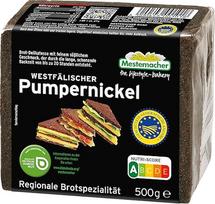 "Mestemacher Westfälischer Pumpernickel Vegan", "Nutri Score A" balas, 60 % rugių grūdų, ilgai ir švelniai kepa, 9 regioninės duonos riekelės, tinka diabetikams, 500 g