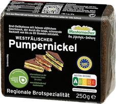 "Mestemacher Westfälischer Pumpernickel Vegan", "Nutri Score A", 60 % rugių grūdų, vietinio aromato, 6 riekelės regioninės duonos, tinka diabetikams, 250 g