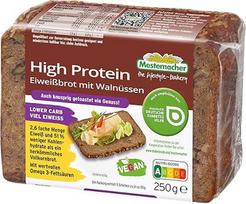 "Mestemacher" baltyminga duona su graikiniais riešutais, 2,6 karto daugiau baltymų, 51 % mažiau angliavandenių, veganiška, daug skaidulų, su Omega-3 riebalų rūgštimis, tinka diabetikams, 5 riekelės, 250 g