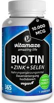 Didelė biotino dozė su selenu ir cinku, skirta plaukų, odos ir nagų augimui, 365 veganiškos tabletės 1 metams, didelė biotino dozė 10 000 mcg, pagaminta Vokietijoje