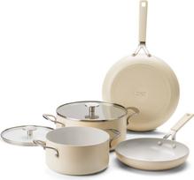 Kitchenaid - Coloured Aluminum 6pcs Set: Frypan 24/28cm + Casserole with Lid 20/24cm - Almond Cream