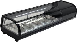 Sushi vitrīna 5x1/3GN, YG-05001, YATO, melna, 1350x420x290 mm, LED apgaismojums, automātiskā atkausēšana