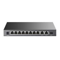 TP-Link TL-SL1311P tinklo jungiklis unmanaged 8× 10/100Mbps PoE+ switch 2× RJ45 1× SFP 65 W bendras PoE biudžetas stalinis/spintelės korpusas Plug-and-Play Juodas