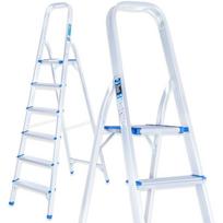 Geko 6 pakopų aliuminio kopėčios G02418, apkrova 150 kg, darbo aukštis ~3.19 m, sulankstomos, saugos turėklas, plotis 49 cm
