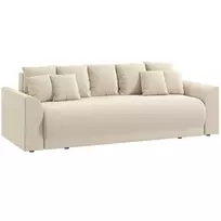 Išskleidžiama sofa-lova 190x150 cm, 3 vietų sofa su miegamąja funkcija, pagalvėmis, daiktadėže, velveto išvaizdos, smėlio spalvos