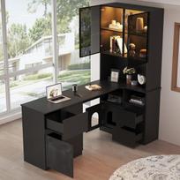Kampinis stalas su lentyna, LED vitrina, 3 stalčiais, 120x80x180 cm