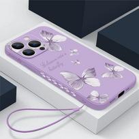 Minkštas telefono dėklas su drugelio raštu iPhone 16 15 Pro Max 14 13 Xiaomi 13T Poco X7 X6 Redmi Note 14 13 12 Smūgiams atsparus dėklas su rankine virvele iPhone 15 Pro violetinė