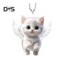 Angel Cat pakabukas galinio vaizdo veidrodžio ornamentas, automobilio puošmena mielas baltas kačiuko pakabukas su virvele, įnoringu žavesiu Cat
