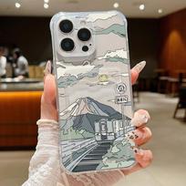 Animacinis kalnų rašto skaidrus dėklas su kortelių skyriumi iPhone 16 Pro Max 15 Pro 14 13 12 11 telefonams, minkštas silikoninis, skaidrus, smūgiams atsparus, plonas buferio dangtelis iPhone 16 skaidri