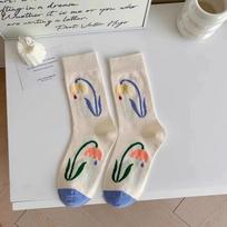 Cute Cartoon Print Women Cotton Socks Spring Autumn Soft Sweet Floral Middle Tube Sock JK Korean Harajuku Girls Socks Sokken Style 1
