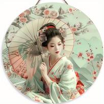 1 vnt. 2D plokščias elegantiškas japoniškas kimono moterims logotipas, apvalus medinis ženklas - 20 cm, tinka namų svetainei, biurui, baro scenos dekoravimui, dovanoms 20cm*20cm