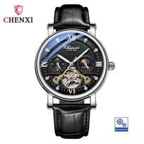 CHENXI Madingas automatinis mechaninis laikrodis Saulės Mėnulio fazė Tourbillon Atsparus vandeniui Odinis dirželis Lydinio korpusas Vyriškas laikrodis Belt sidabras/juoda