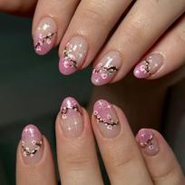 Flower Press on Nail Spring False Nail Short Oval Stick on Nail Glitters Acrylic Artificial Nail Manicure Nail Accesory