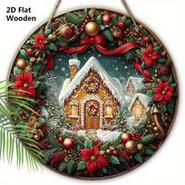 Medinis Kalėdų ženklas su meduolių namelio raštu - Klasikinis apvalus Navidad ženklas priekinių durų sienos pakabinamam dekorui - Idealus Kalėdų papuošimas 20cm/7.87in raudona