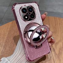 Blizgantis smūgiams atsparus silikoninis dėklas Xiaomi Redmi 14C Note 14 Pro Plus 4G 5G Note 14S veidrodinis magnetinis laikiklis stovas minkštas dangtelis Redmi Note 14 Pro 4G rožinė