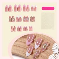 Floral Acrylic 24pcs Medium Almond Shaped Press-On Nails, French White 3D Fake Nails With Metal & Gold Bead Decor,For Girls Women Daily Wear