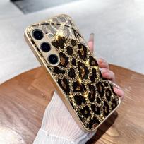Žaibuotasauksinis leopardo raštas Auksinės metalinės dažytos stiklinės telefono dėklas iPhone 17 11 12 13 14 15 16 Pro Max 15 Plus 17Air 16E Dangtelis iPhone 14 Pro black