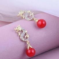 Elegant Zodiac Dragon Rhinestone Pearl Dangle Earrings: Festive Chinese-Style Women's Accessories raudona