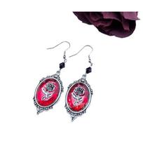 Romantic Gothic Black Glass Cameo Necklace with Silver Rose and Cute Bow juoda