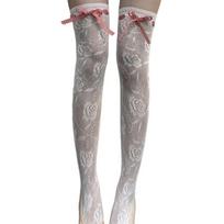 Women Comfort Over Knee Socks Breathable Hollows Out Design Rose Floral Pattern Secure Tie Closure Thigh High Stockings Polyester