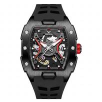 Men Automatic Mechanical Watches Tonneau Skeleton Hollow Dial Luminous Hands Waterproof Sports Wrist Watch steel strap mėlyna