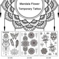 Mandalos gėlė Laikini tatuiruotės lipdukai ant raktikaulio Rankos nugaros kūno Retro juodos vienkartinės netikros tatuiruotės, atsparios vandeniui seksualioms moterims LC-101