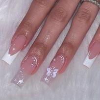 24pcs Press On Nails Long Coffin Fake Nails Nude False Nails With White Pearls Butterfly Design, Acrylic Nails With 1 Jelly Glue And 1 Nail File balta