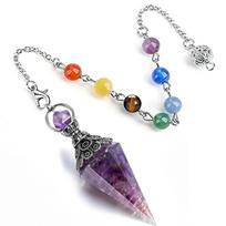 Gydomosios krištolinės švytuoklės, skirtos būrimui, šešiakampis smailus kūgis, dervos lustas Reiki Wicca Spritual Chakra energetinis pakabukas su grandine Amethyst sidabras