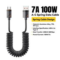 Essager automobilinis spiralinis C tipo laidas, skirtas iPhone 16 15 Xiaomi Samsung, 100W PD greitas įkrovimas, skirtas Macbook iPad, C tipo į C tipo laidas 1.2m A-C 7A 100W juoda