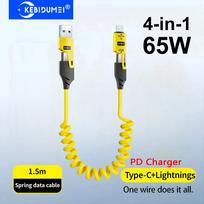 65W Greitas įkroviklis Pavasarinis USB laidas 4 viename Pavasarinis duomenų laidas 6A USB Type C Pavasarinis teleskopinis laidas iPhone iPad MacBook Huawei 1.5m(2PCS) geltona