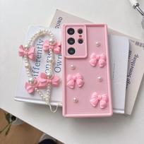 3D kaspinas su perlais silikoninis telefono dėklas, skirtas Motorola Moto Edge 50 Fusion 50 Neo 50 Ultra Pro E13 E14 E32 E22 E22i E20 E30 E40 Moto Edge 50 Fusion&White Chain rožinė