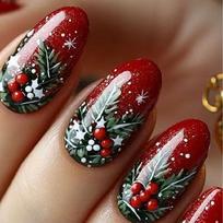 Christmas Themed Glittering Press On Nail 24PCS 3D Flashy Red Berries Design Short Oval False Nail For Festive Styling 1