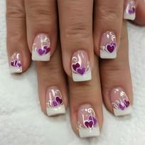 24 Pcs Valentines Day Press On Nail Short Square False Nail Purple Heart Stick on Nail French Tip Acrylic Nail 1