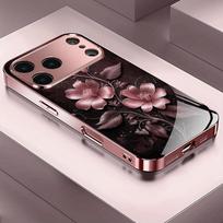 Rožinių gėlių raštas Rožinis metalizuotas grūdintas stiklas Telefonų dėklas iPhone 11 12 13 14 15 16 17 Pro Max 15 Plus 17 Air 16E Dangtelis iPhone 16e black