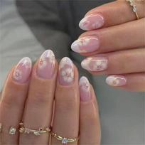 24PCS Floral Pattern Press On Nail In Light Purple French Style Oval Shape Shining For Quick Application Daily Use 1