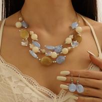 Boho-Chic 3pcs Summer Jewelry Set - Colorful Beaded Necklace and Earrings, Perfect for Parties & Vacations 3 pcs mėlyna