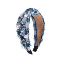 Tassel High-crown Hairband with Square Mesh Sponge and Bead Hair Accessory Headband Headpiece šviesiai mėlyna spalva