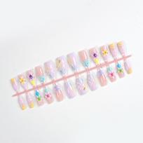 24pcs Dopamine Color 3D Press-On Nails: Medium Almond Shape with Shell, Water Ripple Flower Nail Art Stickers
