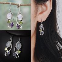 gift Engagement Wedding Jewelry Hook Peridot Amethyst Ear Stud Multi-Gemstone Moonstone Earrings