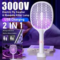 2 viename elektrinis musgaudis Rankinis musgaudis ir uodų gaudyklė Lempa Saugus įkraunamas namams Biurui Kieme Palapinei Stovyklavimui Electric mosquito swatter balta
