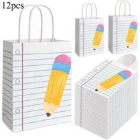 12pcs First Day of School Gift Bags Notebook Pencil Print Paper Treat Bags with Handles Back to School Party Favor Bags 15x8x21cm