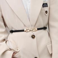 Simple Solid Color PU Leather Belt For Women Lady Gold Metal Buckle Adjustable Thin Waistband Chic Dress Coat Decoration Straps juoda