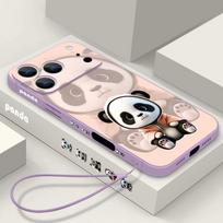 Orange Coat Panda Pattern Lanyard Case For iPhone 17 Pro Max Soft Silicone Cover For iPhone 16 Pro Max Funda iPhone 15 14 13 12 11 16E Air iPhone 16E violetinė
