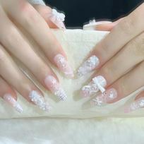 Handmade Sparkly French Lace Bow Press-on Nails: Brightening Removable Nail Art XS (Small Nail Bed/Shorter Choice)