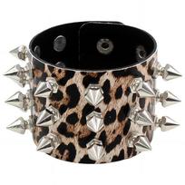 Eco-friendly PU Leather Harajuku Punk Cone Spike Bracelet with Three-Row Chains leopardo rašto spalva