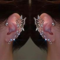 1Pair of Cute Butterfly Women's Earrings, Sparkling Rhinestone Elf Earrings, No Need To Punch Holes platina